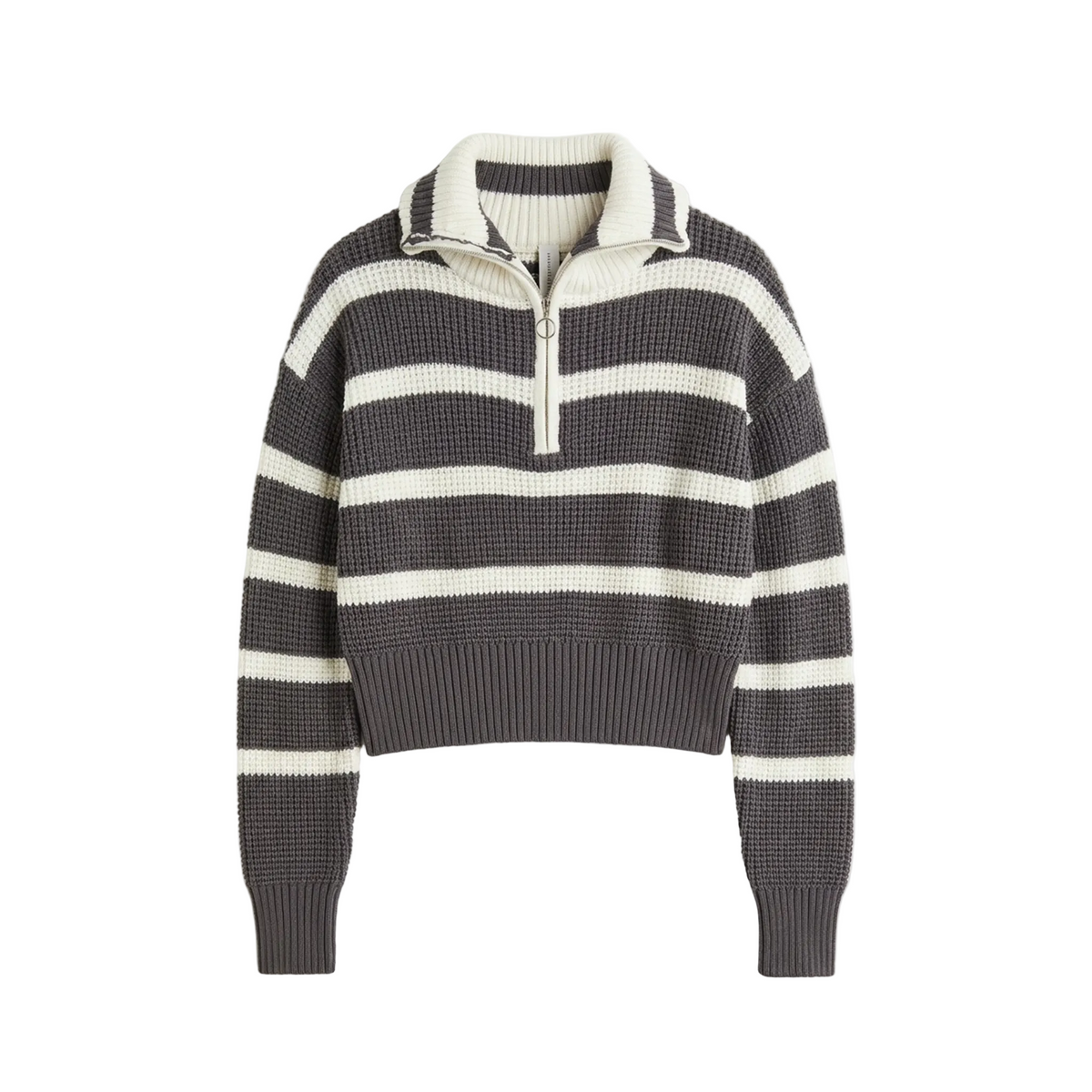 Striped Waffle Knit Pullover With Half Zipper in Grey White by Noni