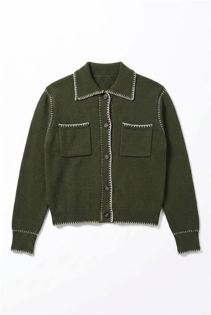Stitching Knit Cardigan in Green Grey by Noni Daily