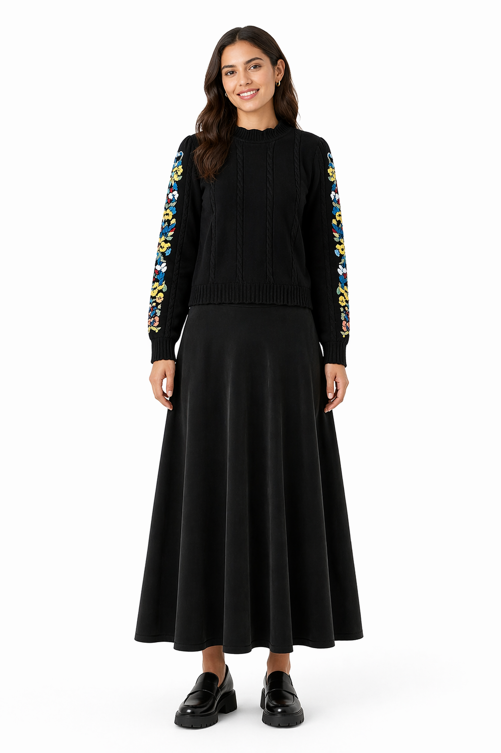 Knit Sweater With Floral Embroidery Sleeves