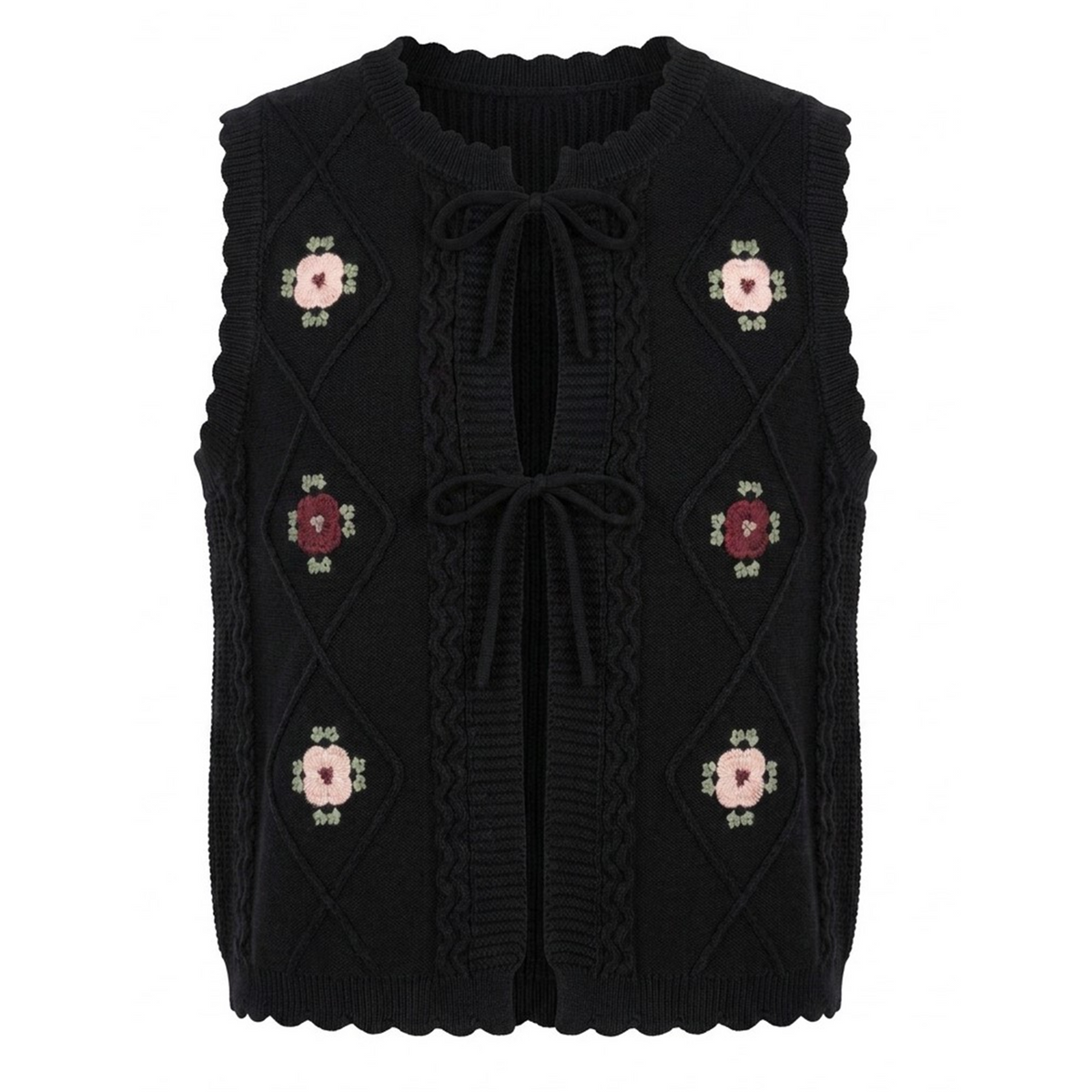 Knit Vest With Flowers Embroidery in Black by Noni