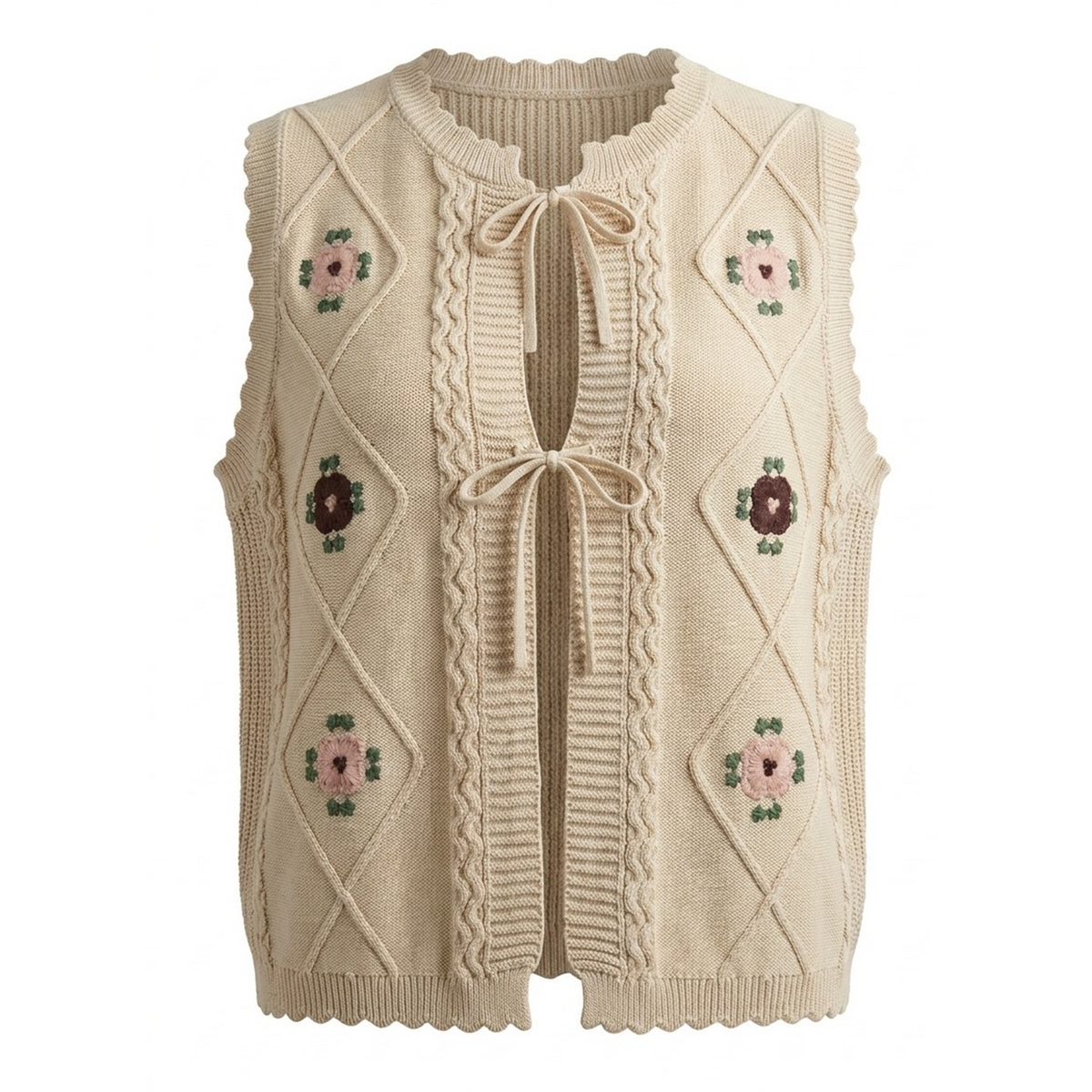 Knit Vest With Flowers Embroidery in Dark Almond by Noni