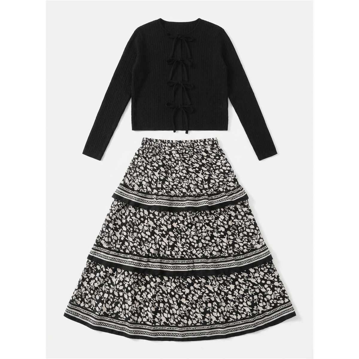 Pointel Knit Cardigan With Boarder Print Skirt Set in Black by Noni