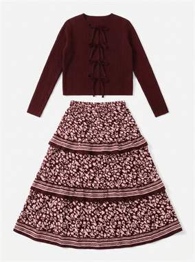 Pointel Knit Cardigan With Boarder Print Skirt Set in Burgundy by Noni