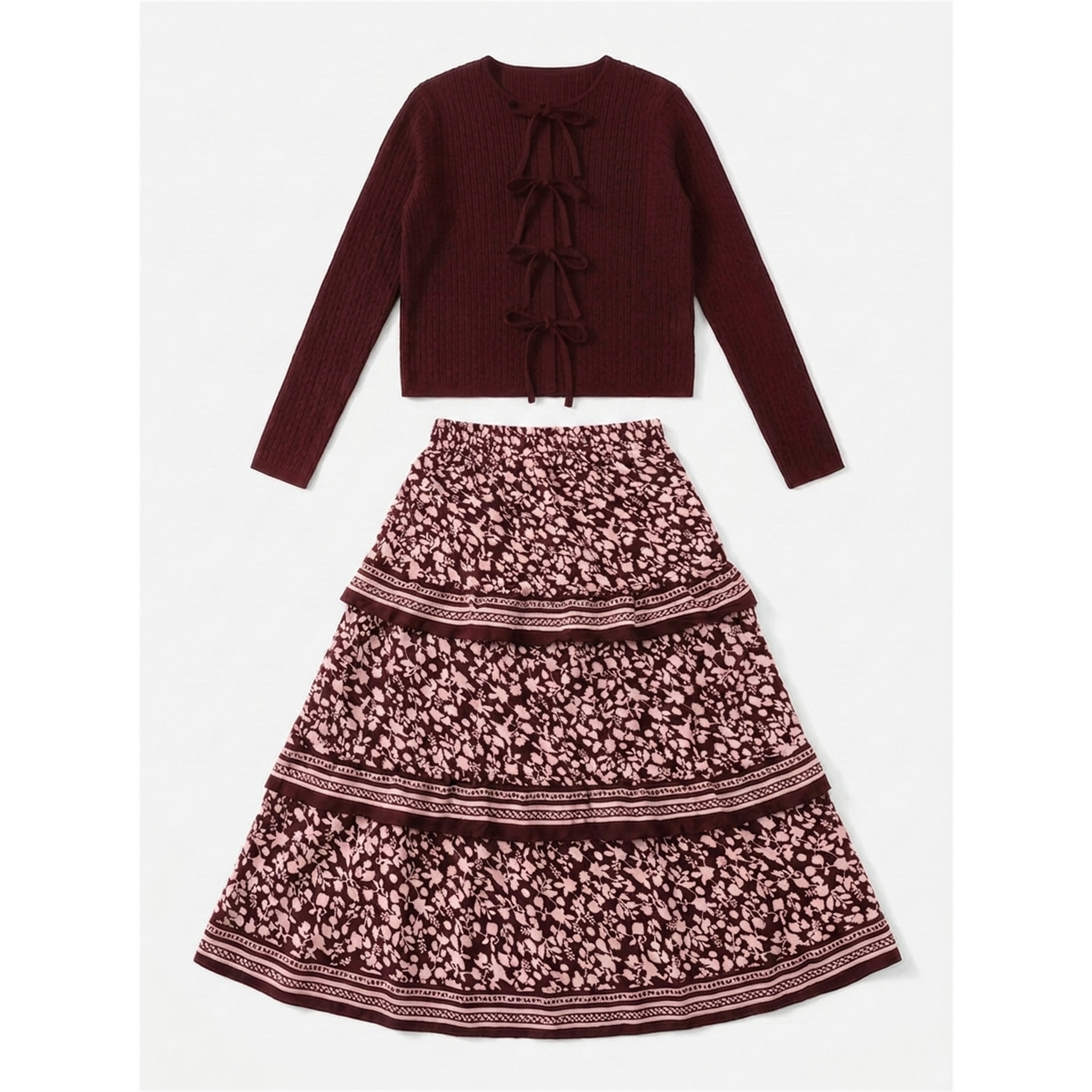 Pointel Knit Cardigan With Boarder Print Skirt Set in Burgundy by Noni