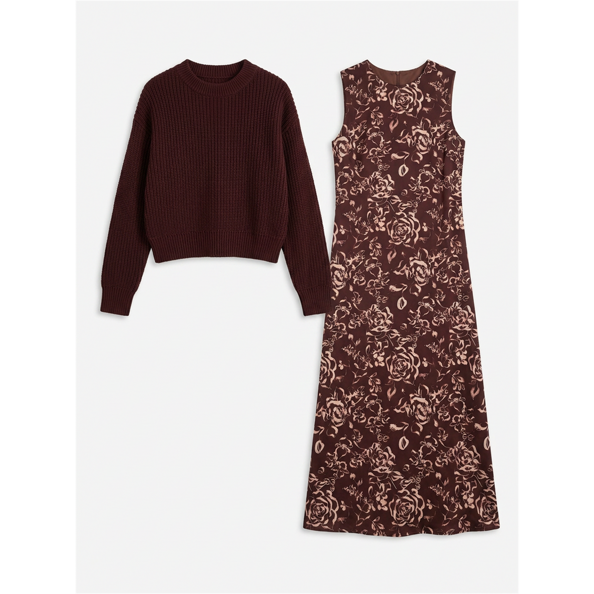 Knit And Printed Jumper Set in Burgundy by Noni