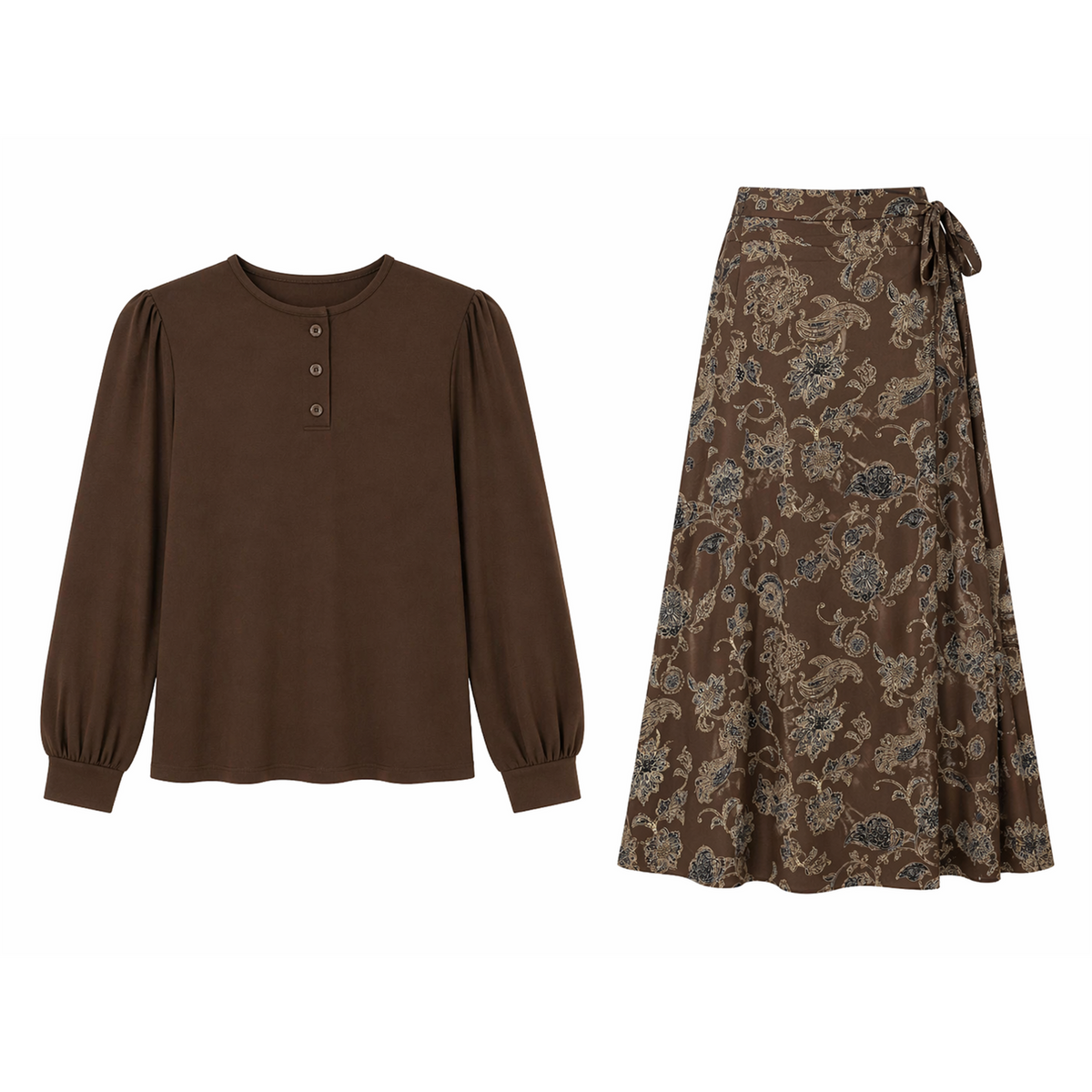 Printed Wrap Skirt With Blouse in Brown by Noni
