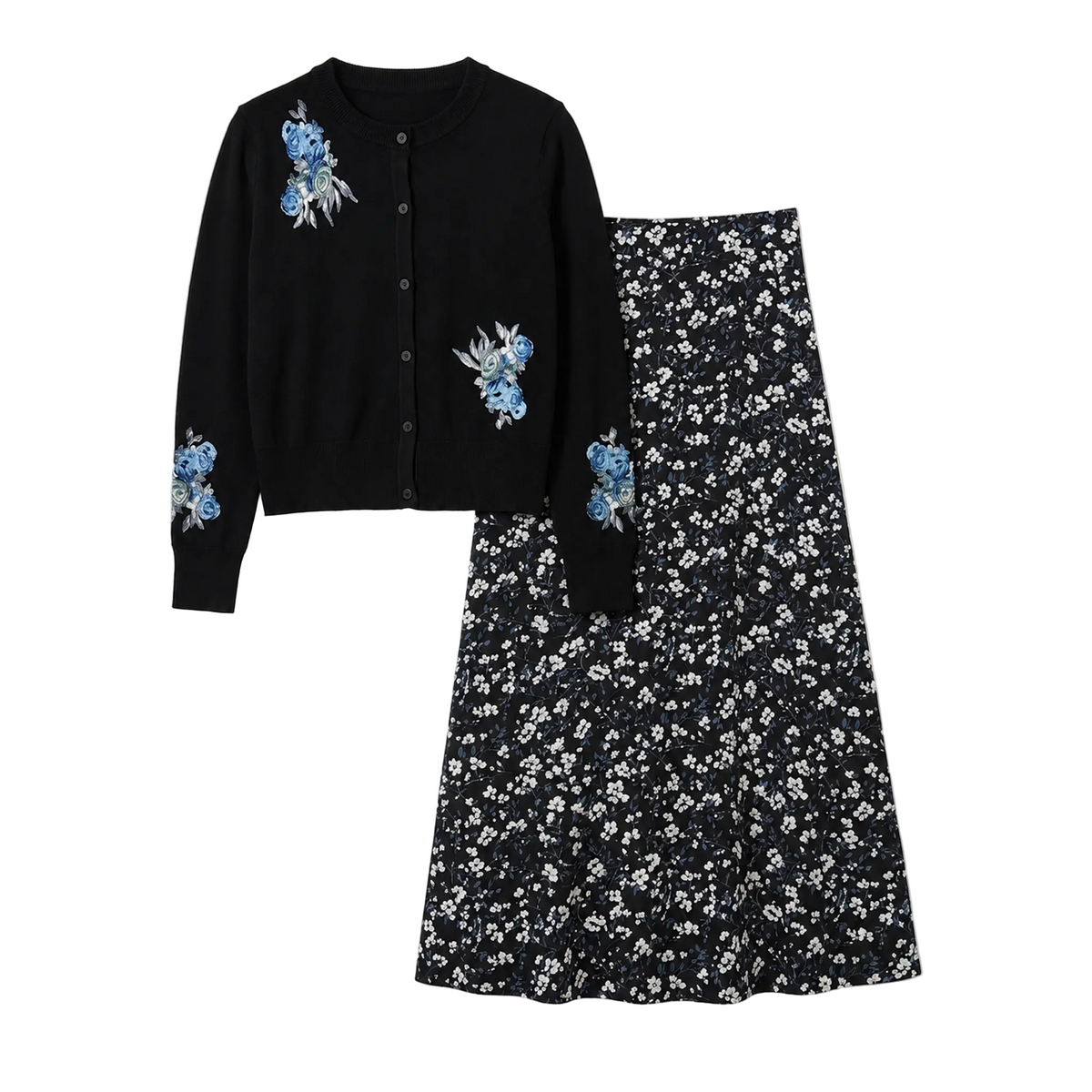 Knit Cardigan With Floral Print Skirt in Black Blue by Noni