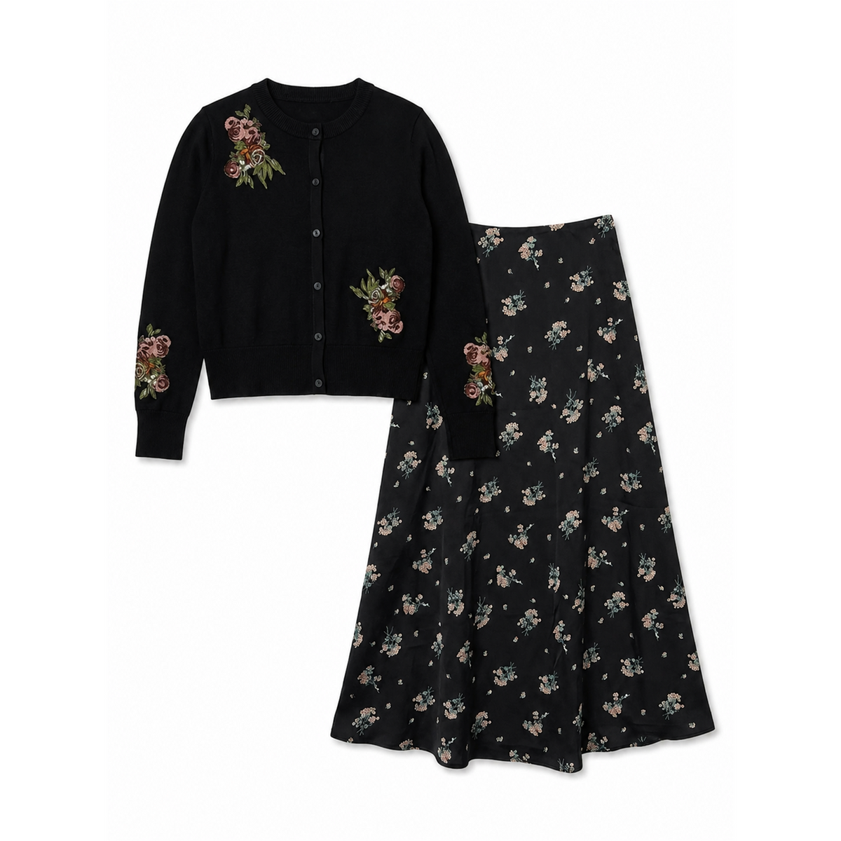 Knit Cardigan With Floral Print Skirt in Black Pink by Noni