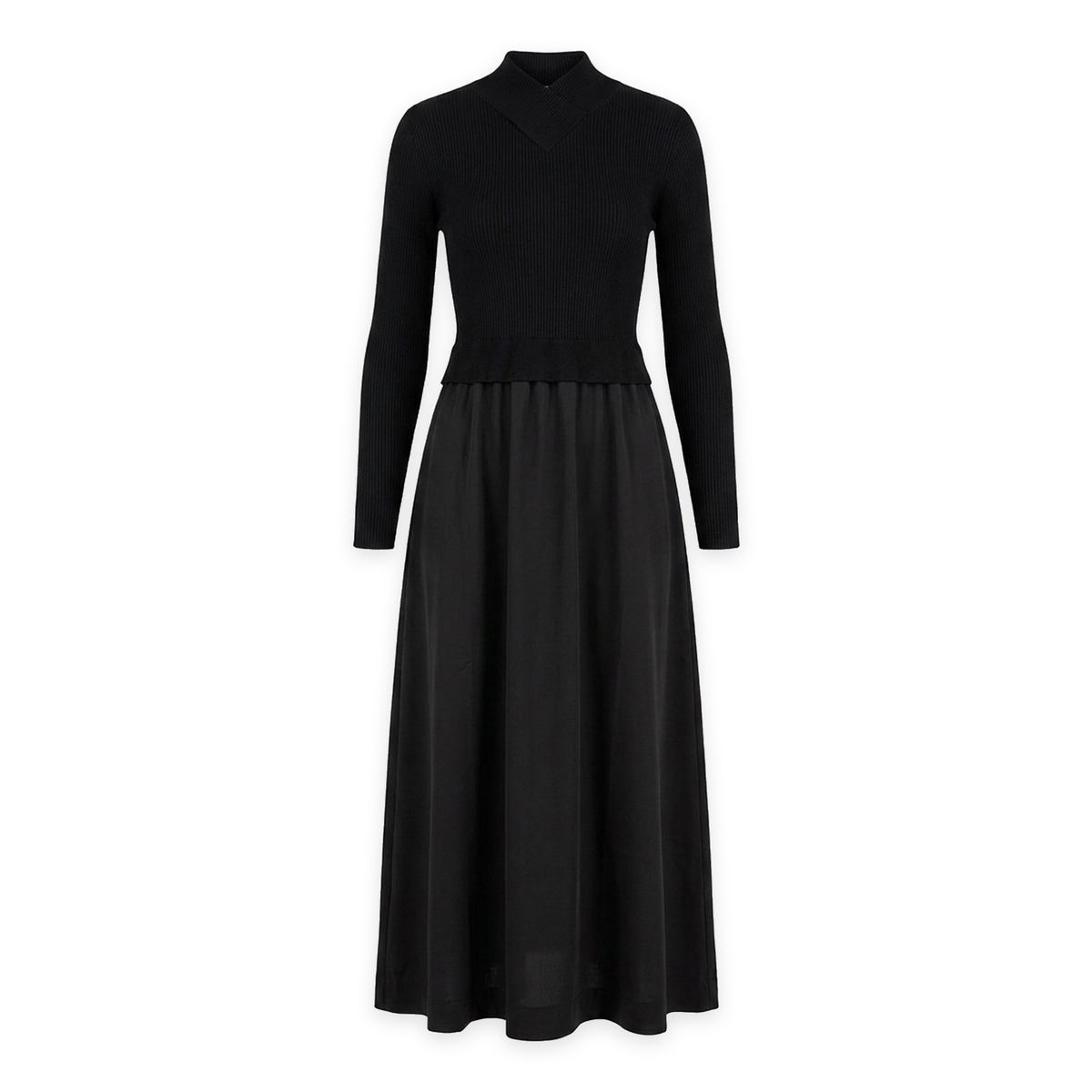 "V" Neck Knit & Satin Dress in Black by Noni
