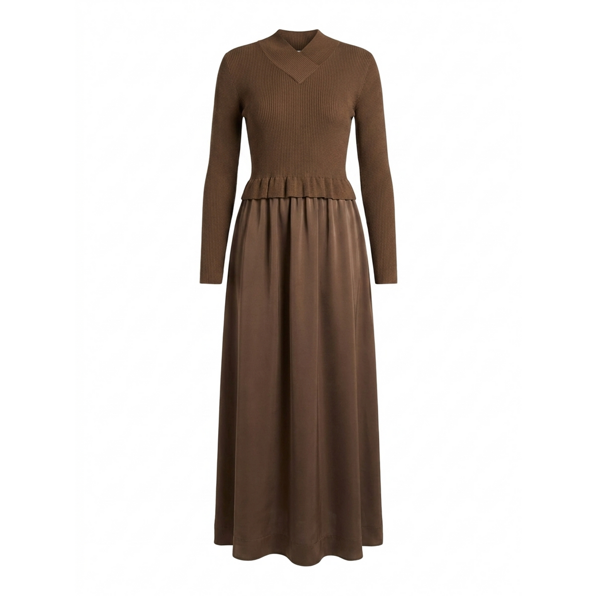 "V" Neck Knit & Satin Dress in Brown by Noni