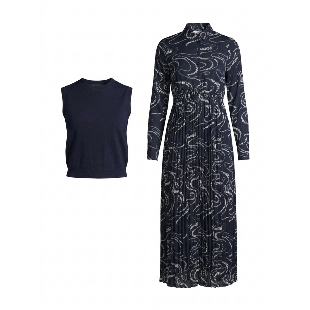 Vest With Printed Satin Dress in Navy by Noni