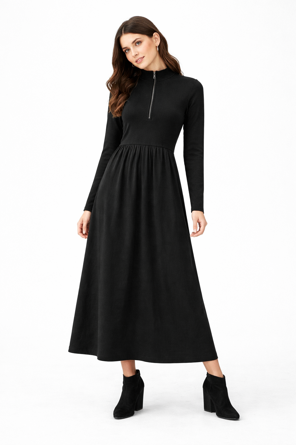 Midi Long Sleeve Dress in Black by Noni Daily