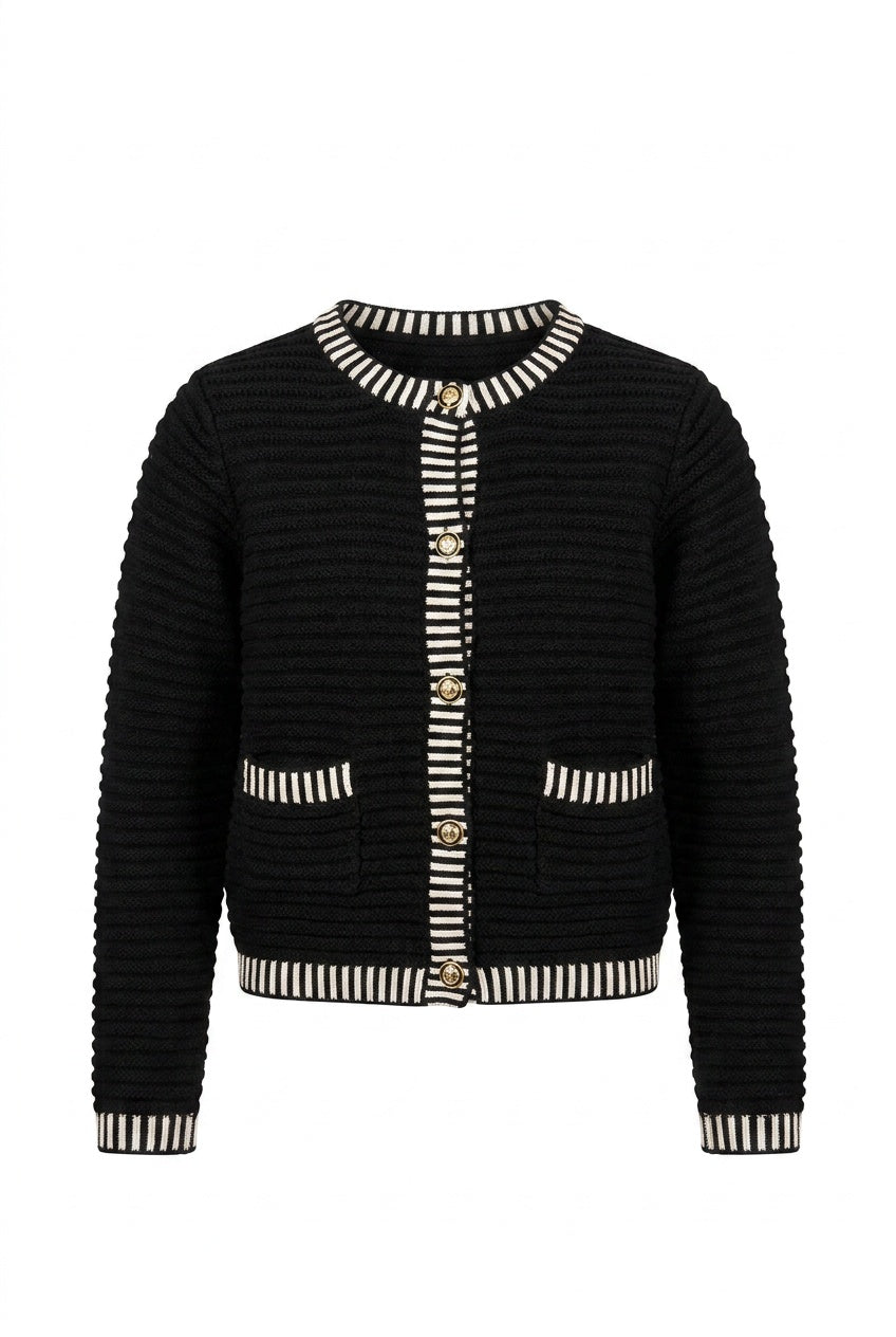 Rib Striped Trim Knit Cardigan
