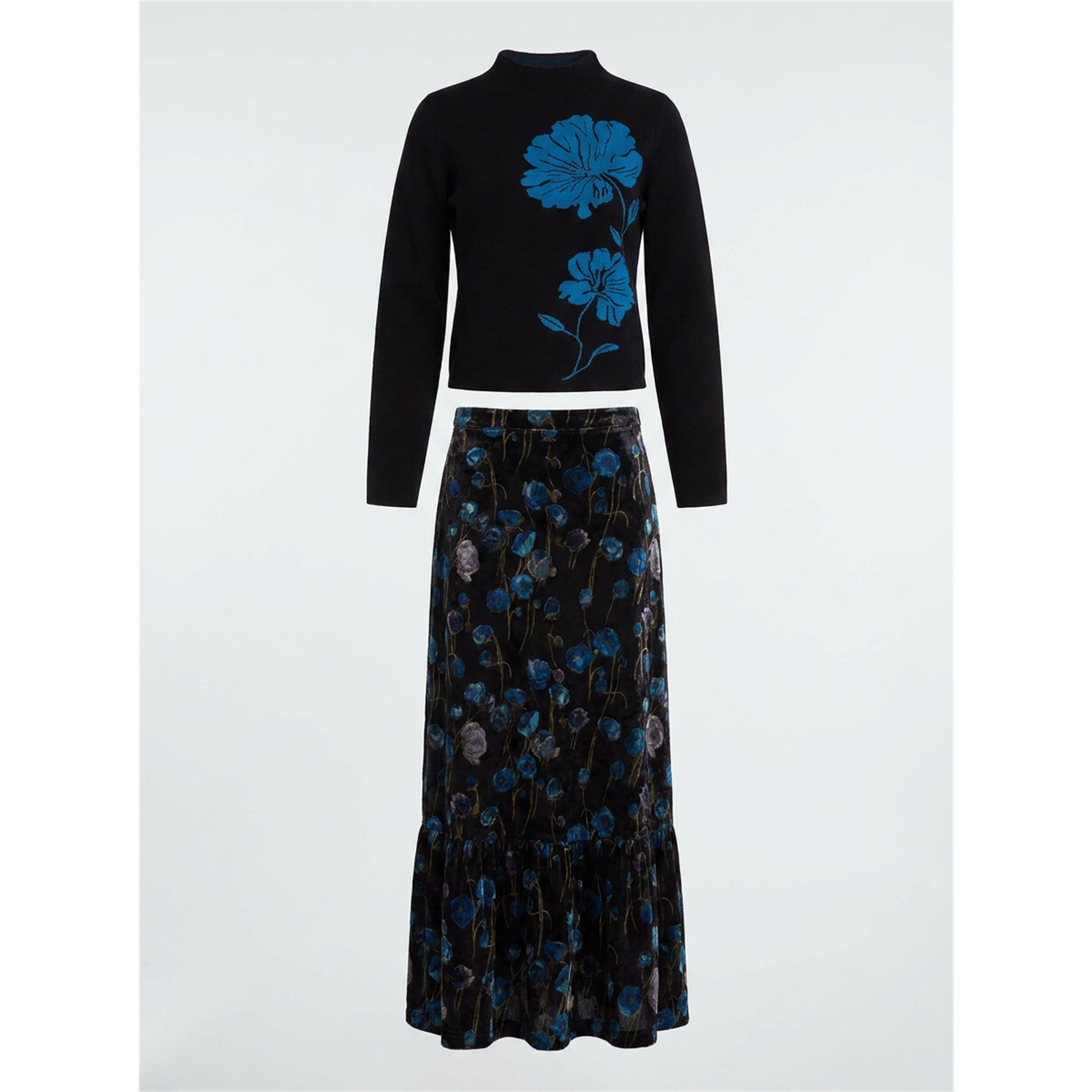 Floral Knit Seamless Mock Neck Sweater & Floral Velour Skirt Set in by Noni