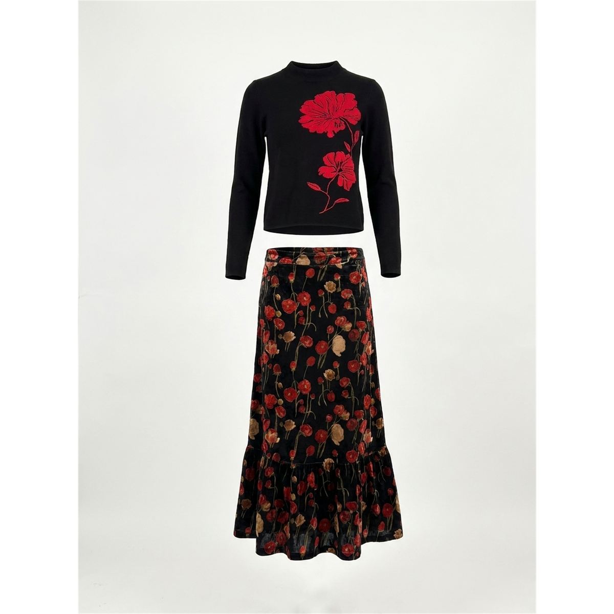 Floral Knit Seamless Mock Neck Sweater & Floral Velour Skirt Set in Black Red by Noni