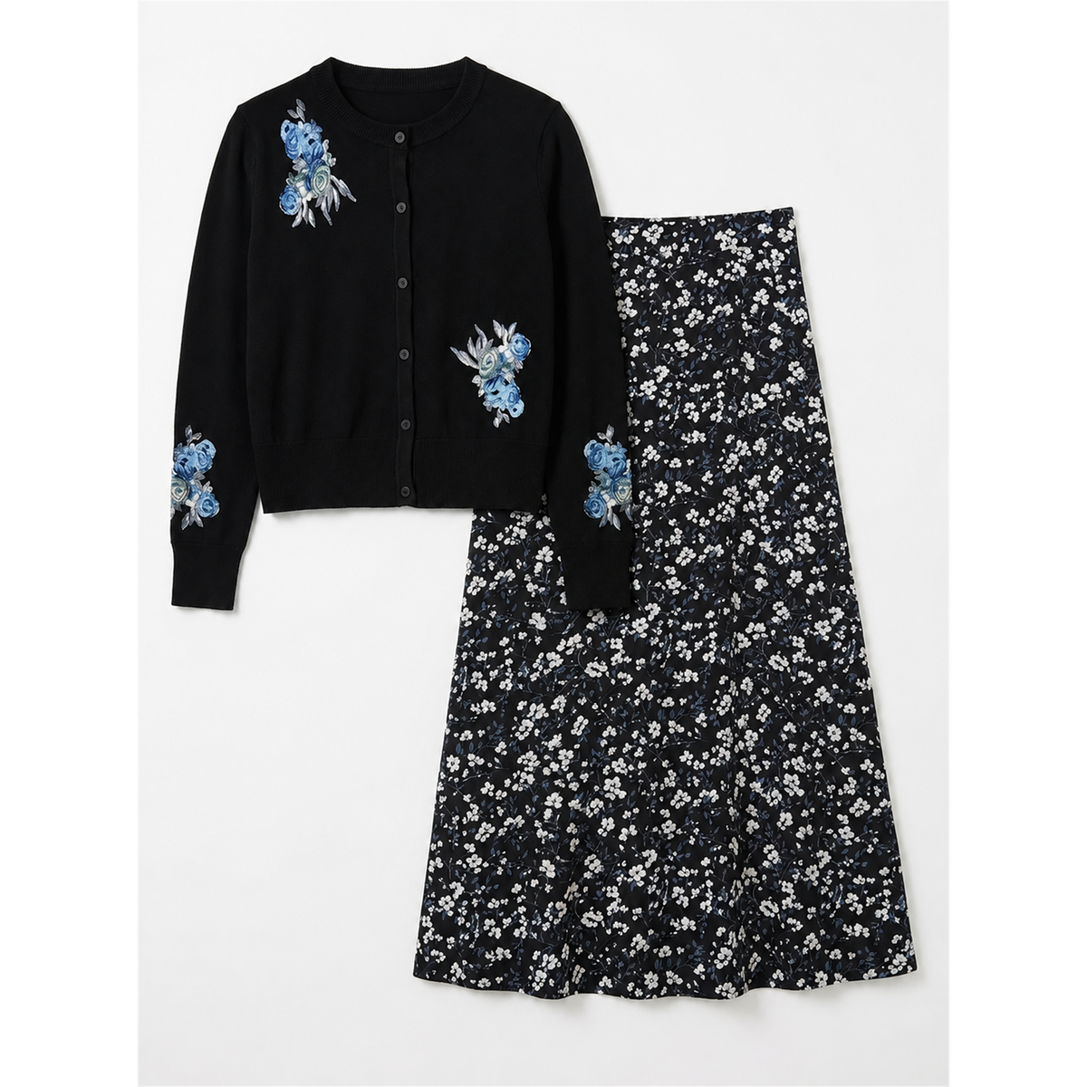 Knit Cardigan With Floral Print Skirt
