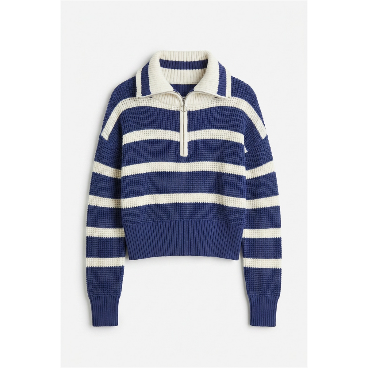 Striped Waffle Knit Pullover With Half Zipper
