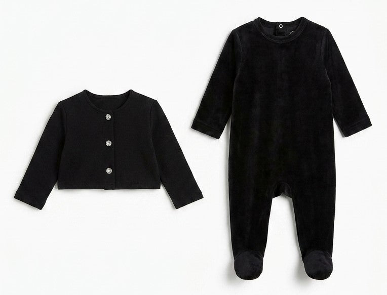 Velour Footie with Rib Cardigan