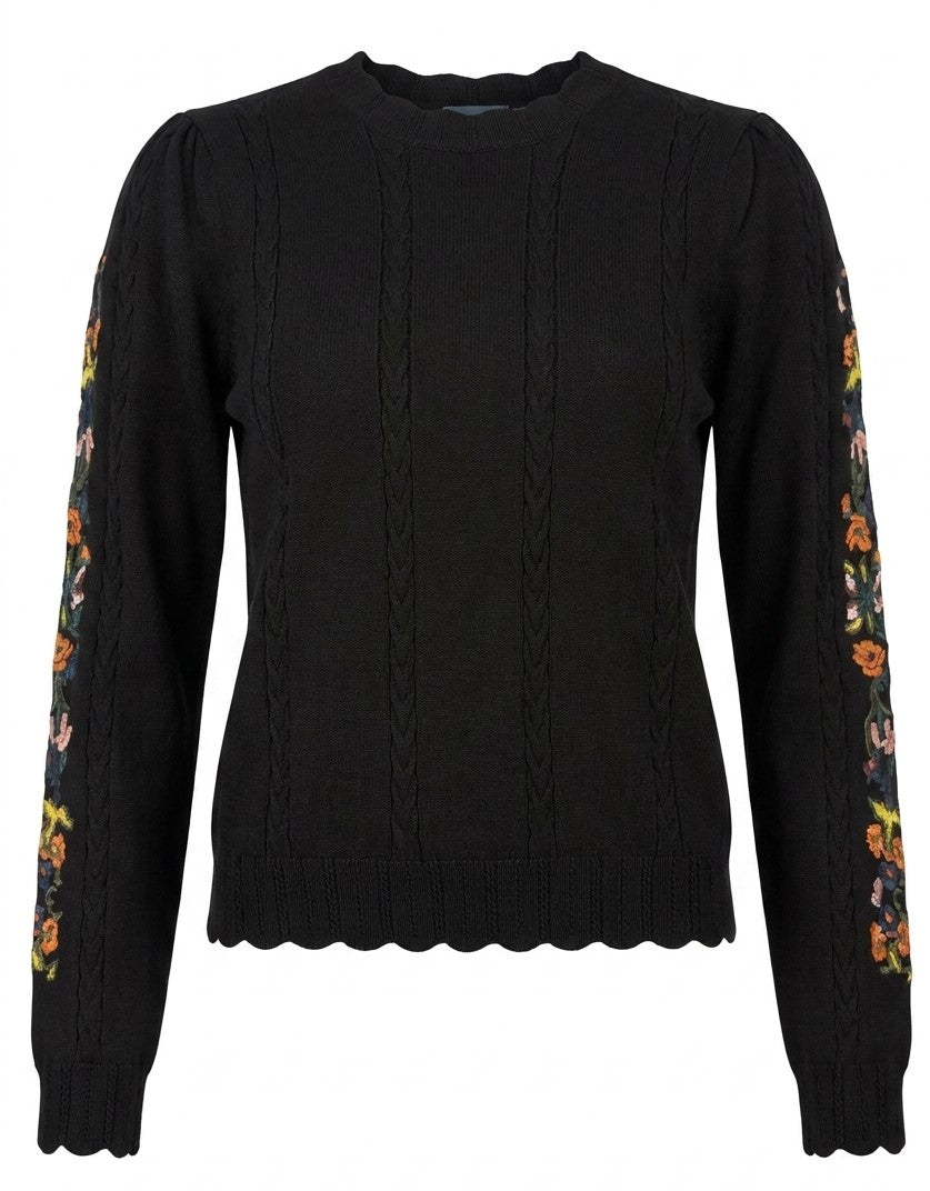 Knit Sweater With Floral Embroidery Sleeves