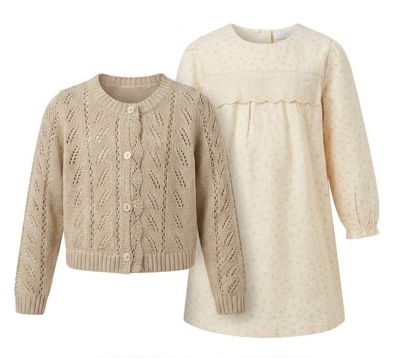 Ruffle Collar Dress With Cardigan Set