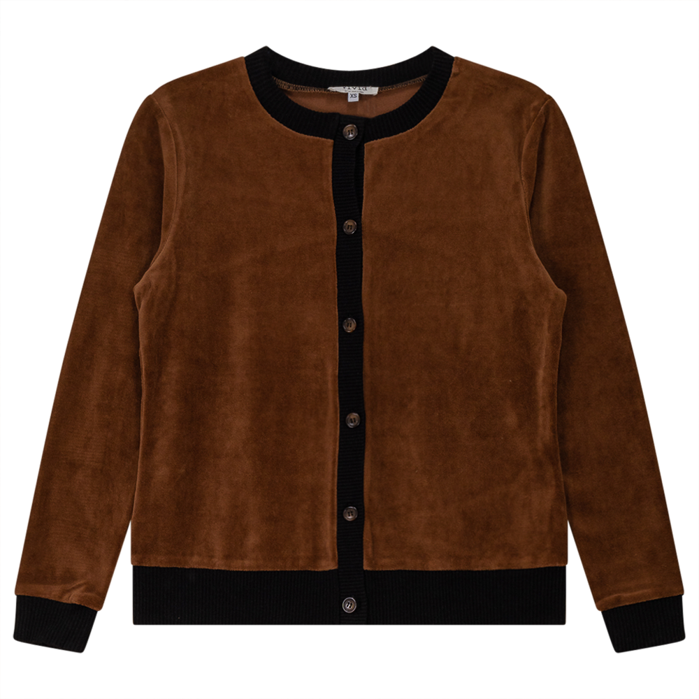 Velour Round Neck Cardigan in Cognac by Vivid