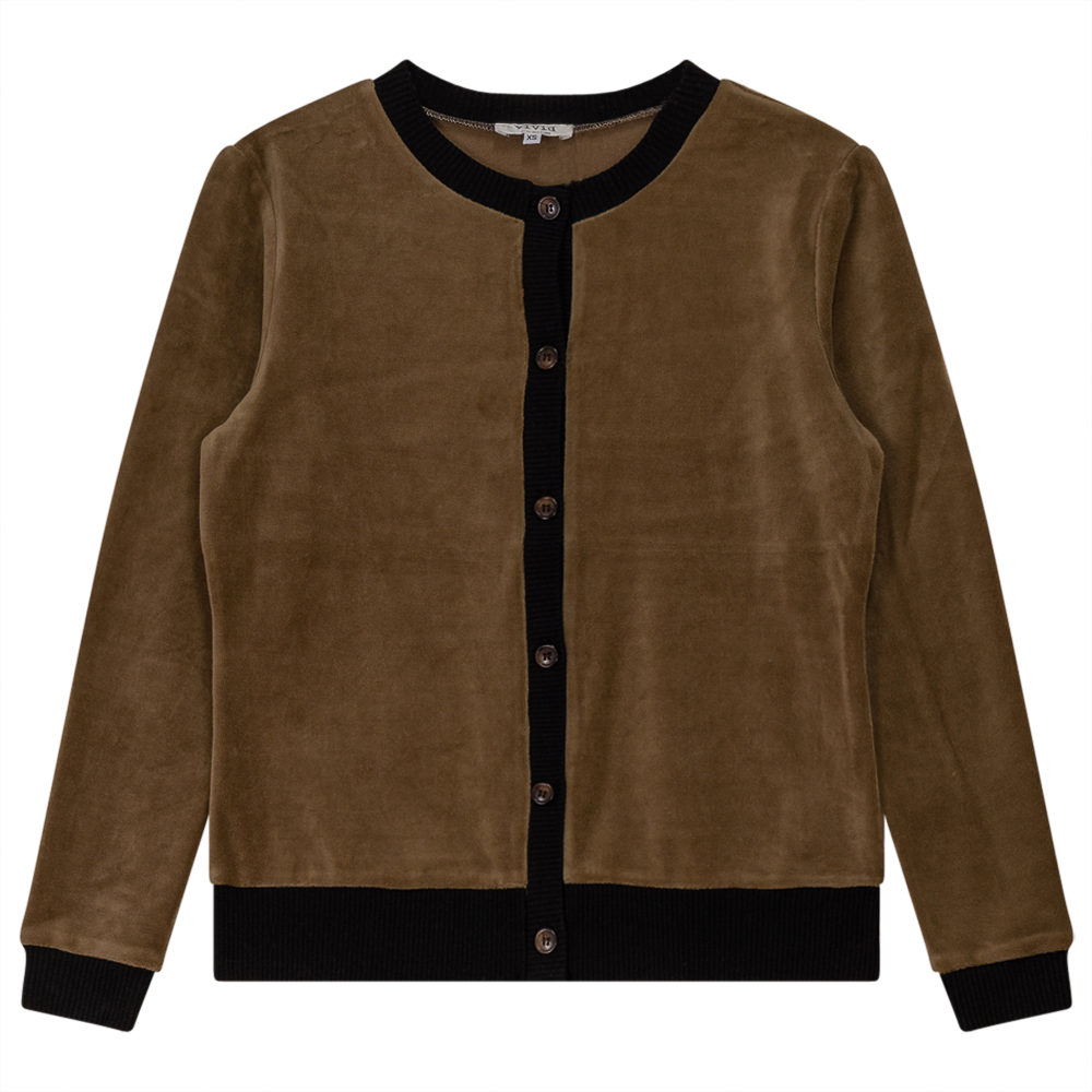 Velour Round Neck Cardigan in Taupe by Vivid