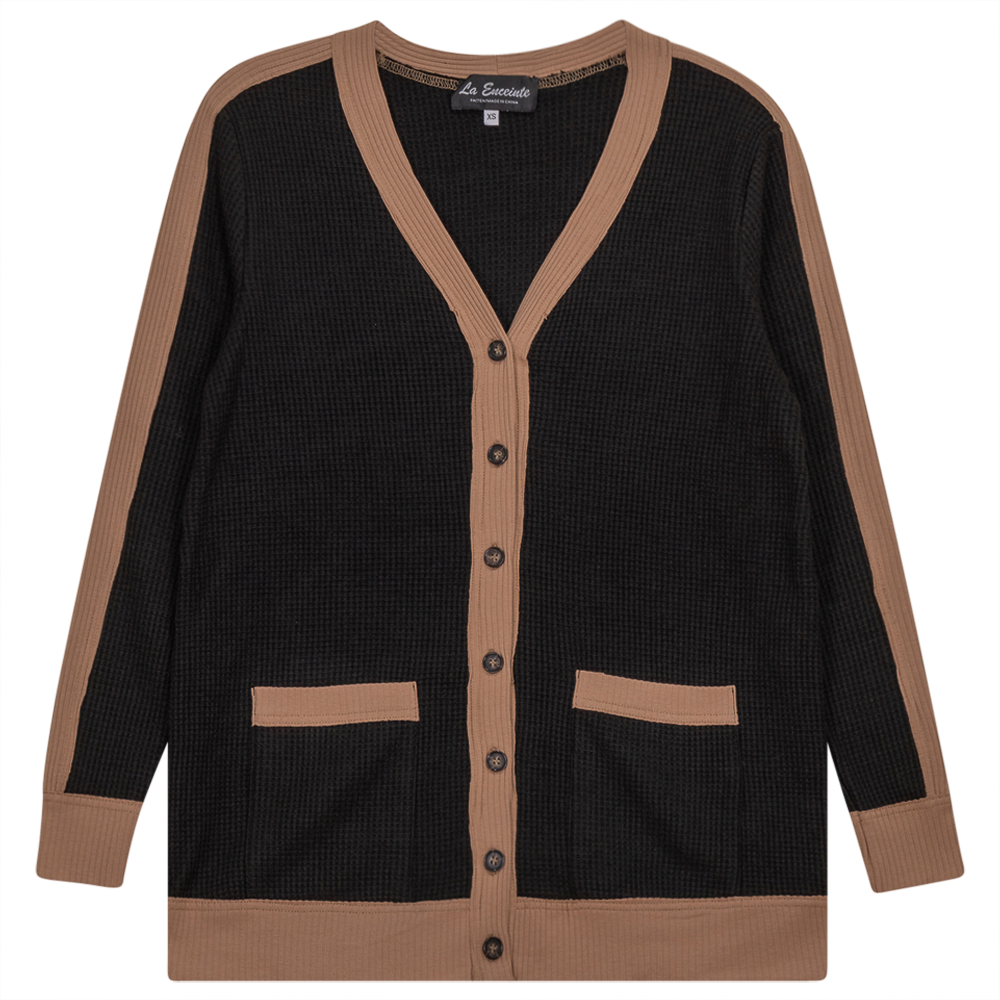 Maternity Waffle Contrast Cardigan in Black Taupe by La Enceinte