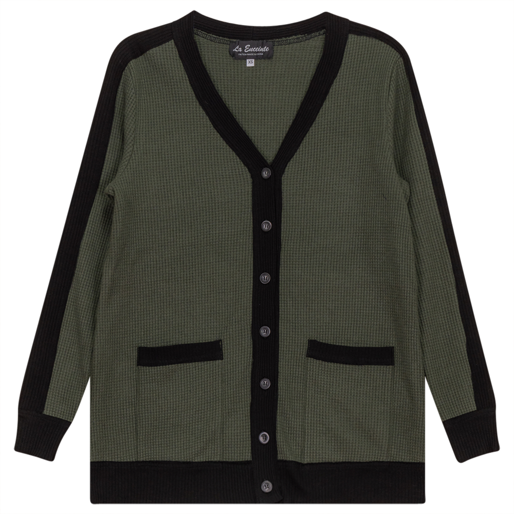 Maternity Waffle Contrast Cardigan in Dark Basil Black by La Enceinte