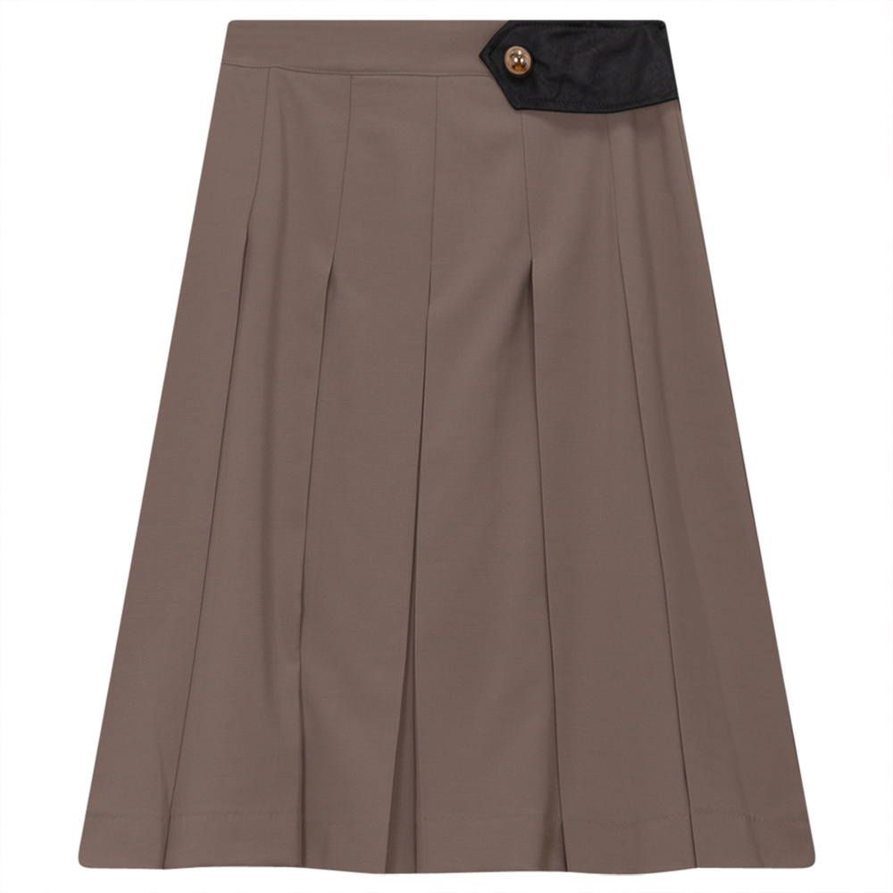 Pleated Skirt With Black Leather Tab in Taupe by Noni