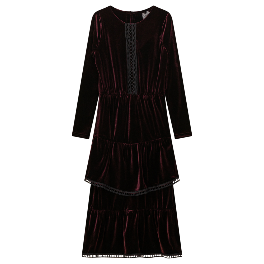 Velour Dress With Lace Detail in Wine by Note