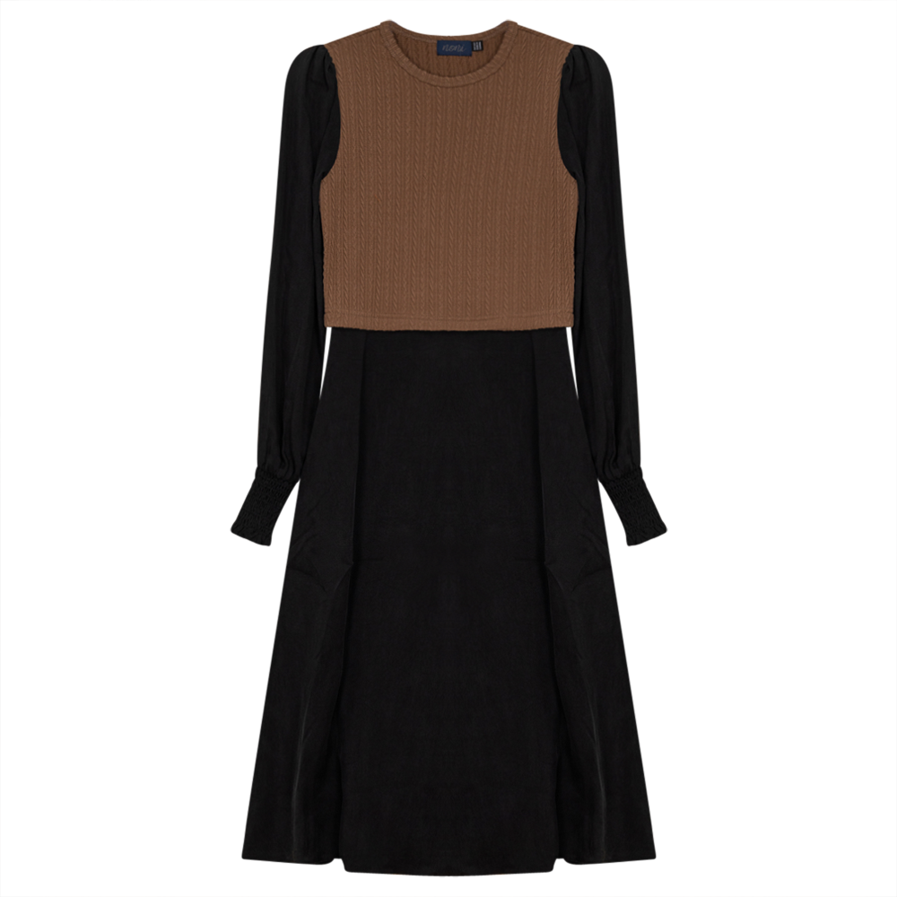 Dress With Mini Cable Knit Vest in Black Camel by Noni