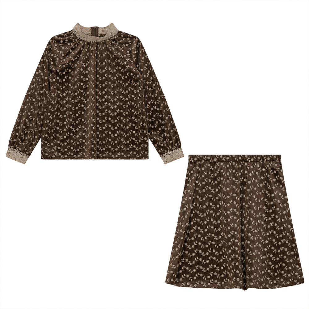 Embroidered Velvet 2pc Set in Brown Print by Space Grey