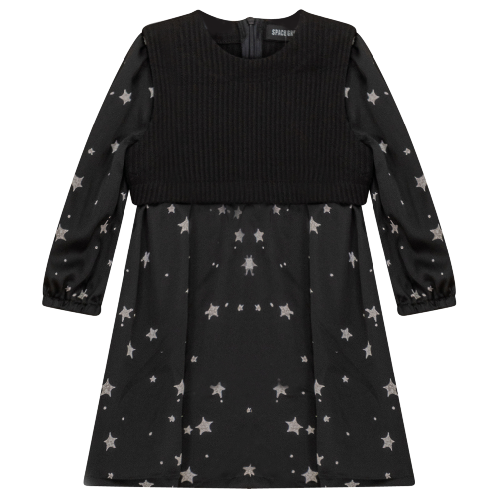 Satin Star Print Dress with Vest in Black by Space Grey