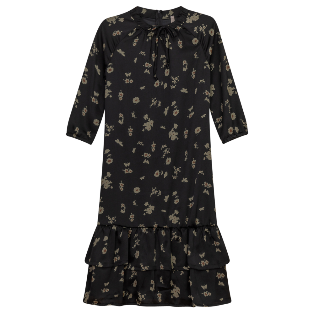 Layered Dress With String Bow in Black Floral by Ginger