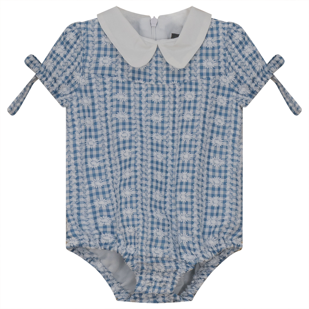 Embroided Gingham Romper With White Contrast Collar in Blue Print by Abigail