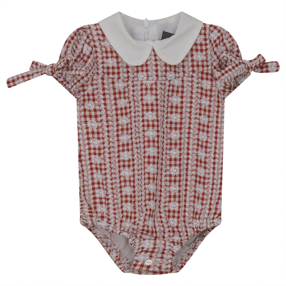 Embroided Gingham Romper With White Contrast Collar in Rust Print by Abigail