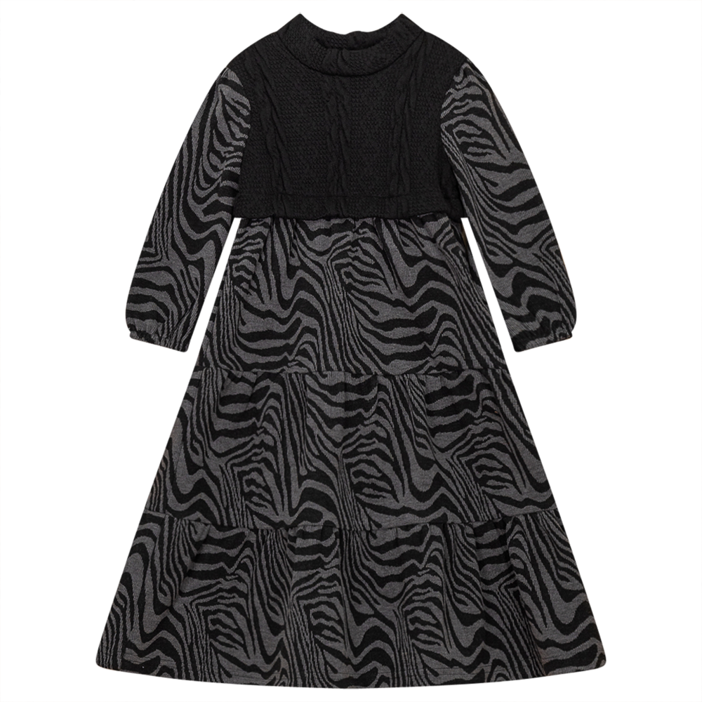 Abstract Print Tiered Dress With Knit Vest in Grey Black by Seal