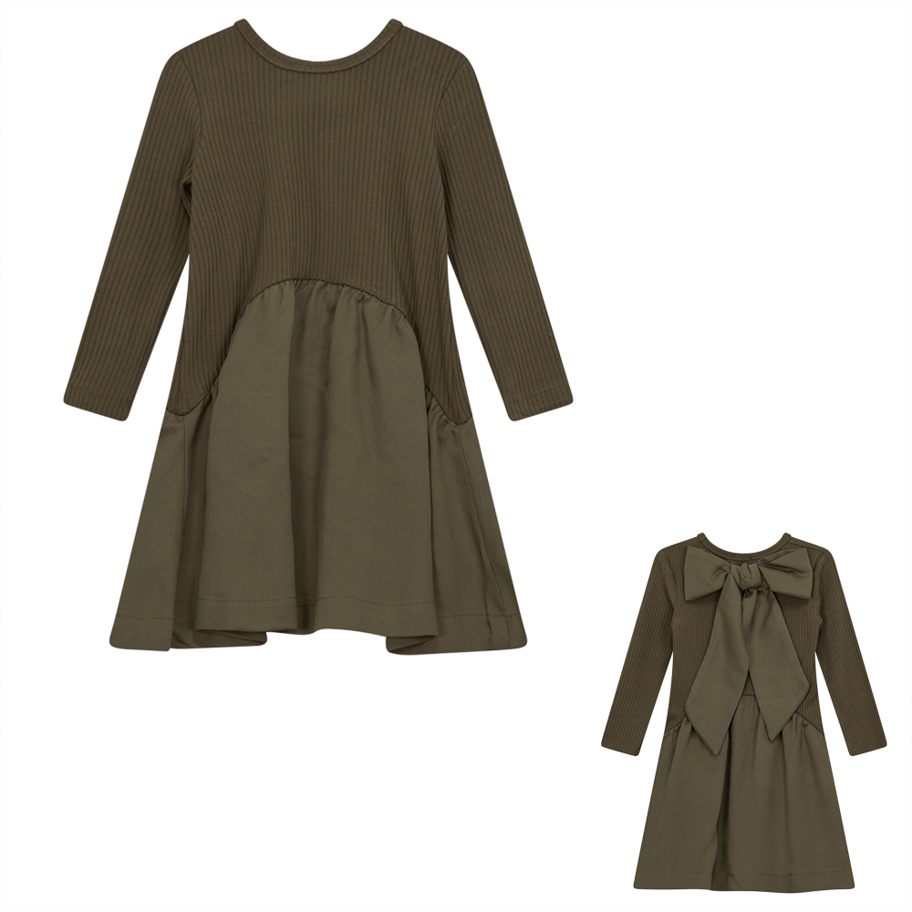 Shirred Ruffle Big Bow Dress in Olive by Abigail