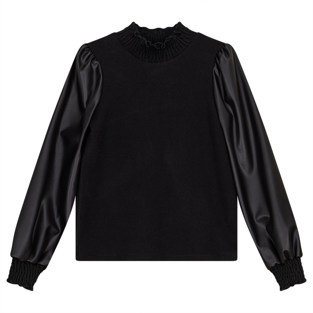 Velour Top With Leather Sleeves in Black by Noni