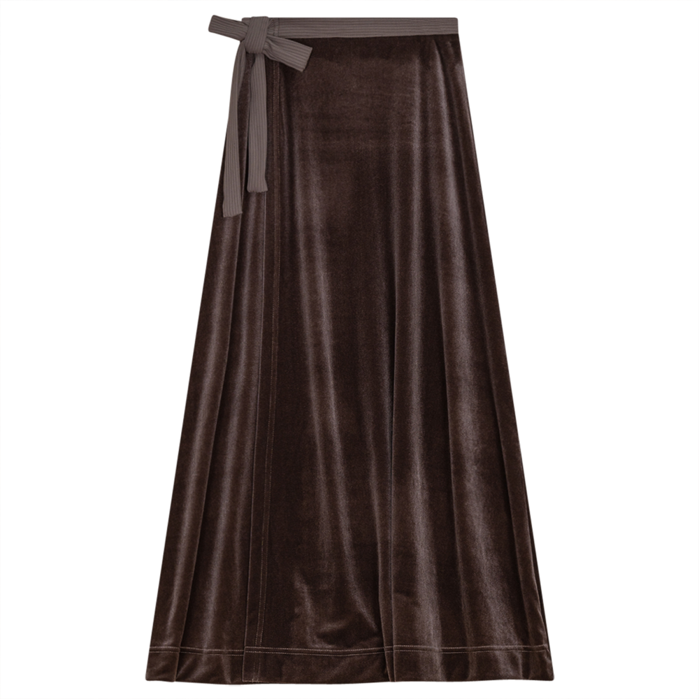Wrap Velour Long Skirt in Cocoa by Noni