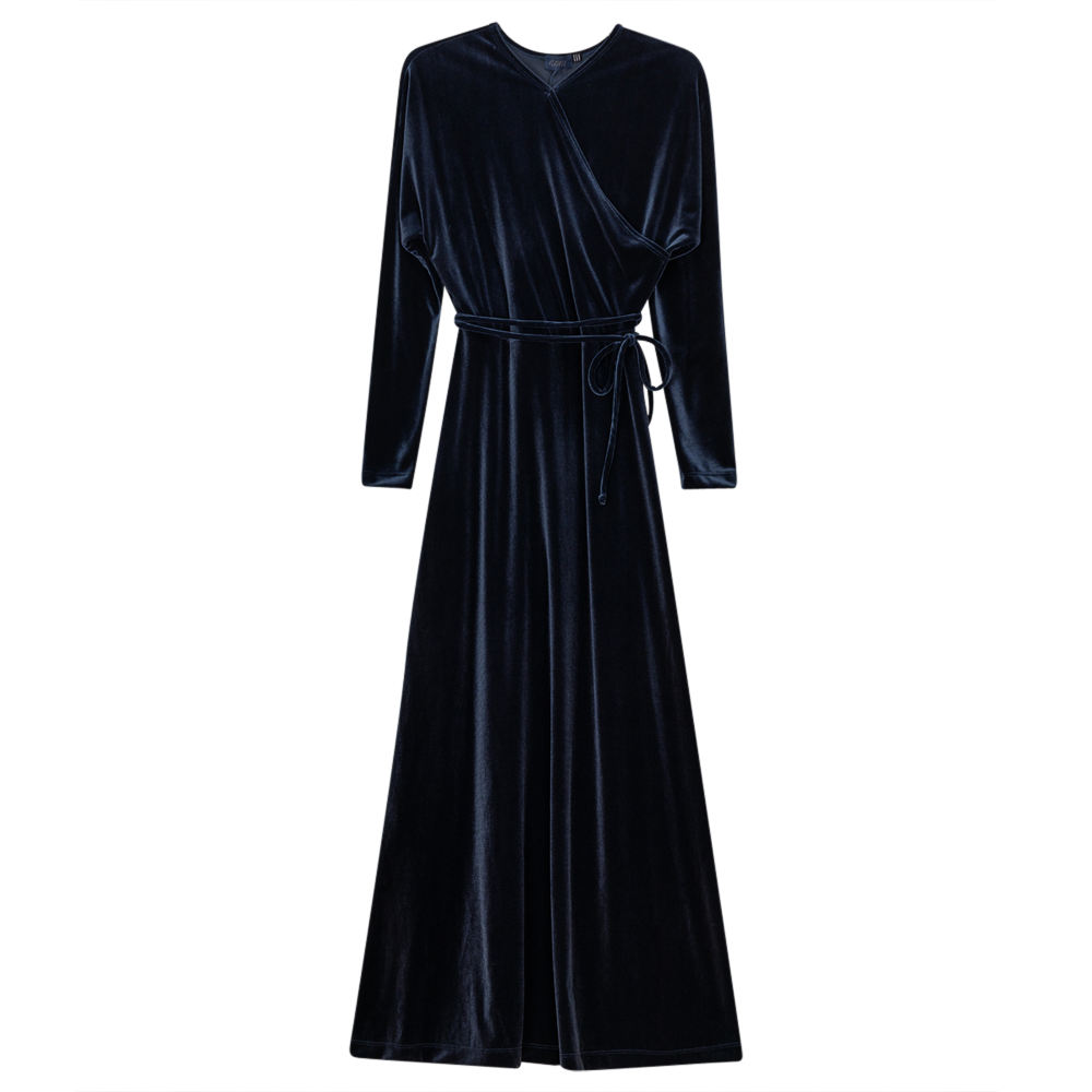 Diagonal Velour Wrap Dress in Blue by Noni