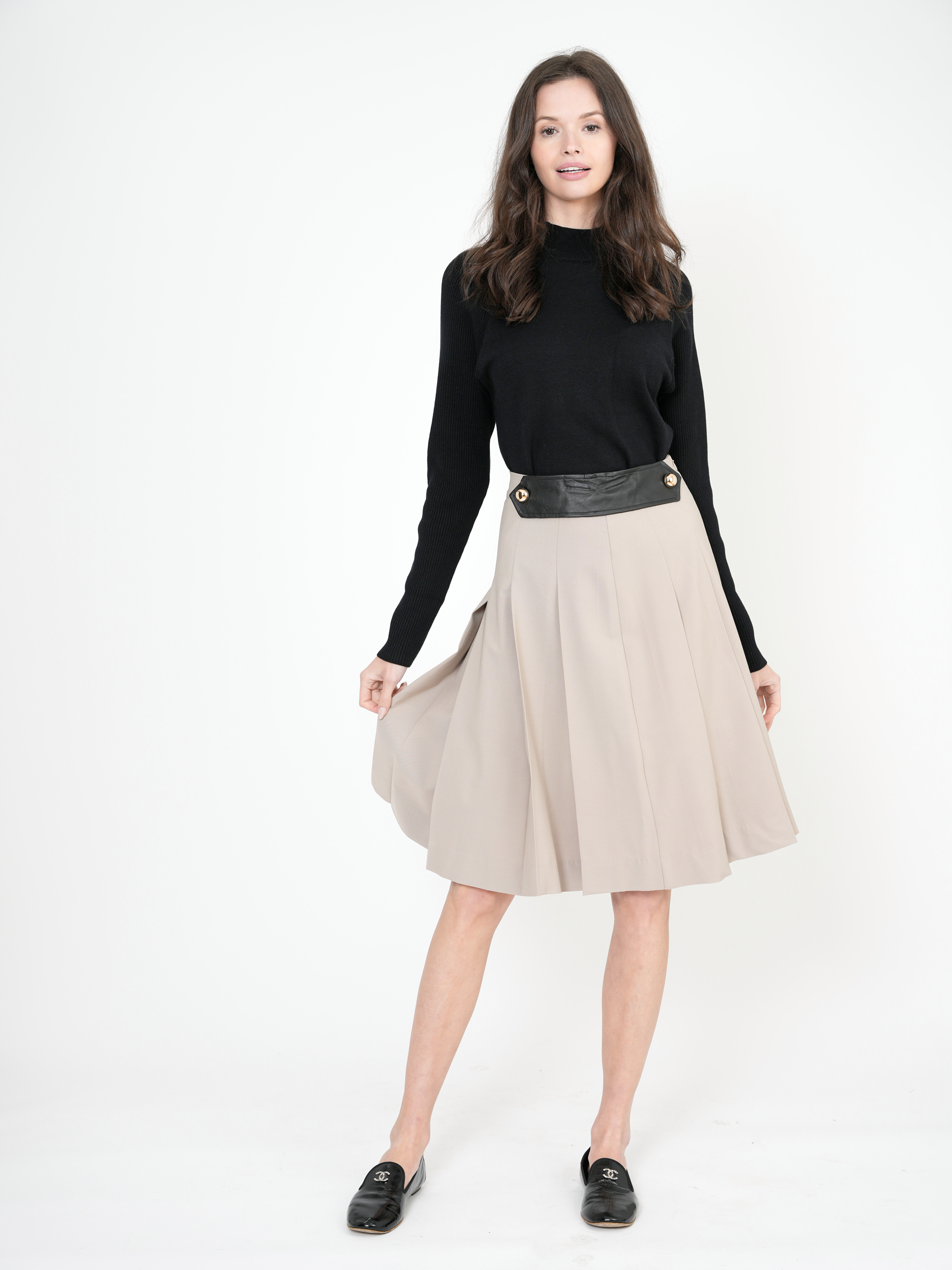 Pleated Skirt With Black Leather Tab in by Noni