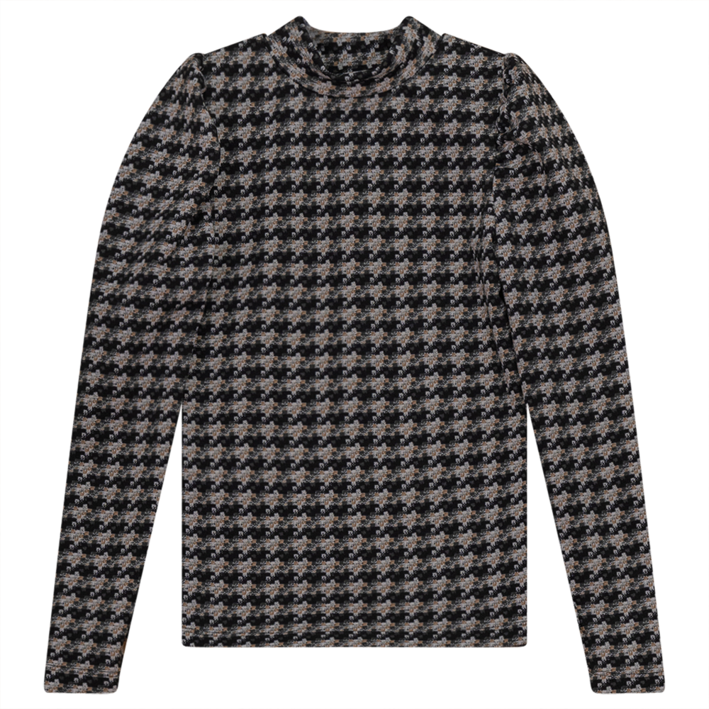 Puffed Shoulders Top With Semi Turtle Neck in Print by Noni