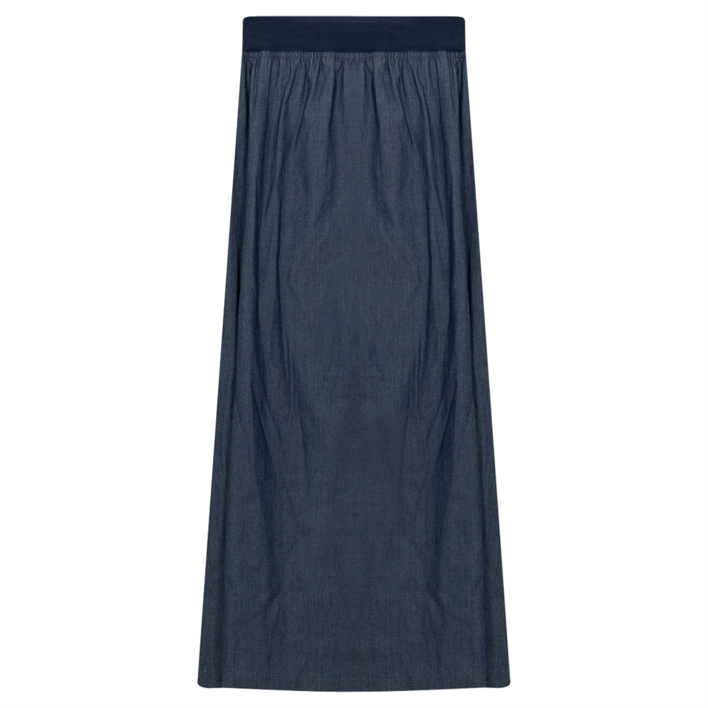 Long Cotton Skirt With Ribbed Elastic Waistband in Dark Blue by Red Myth