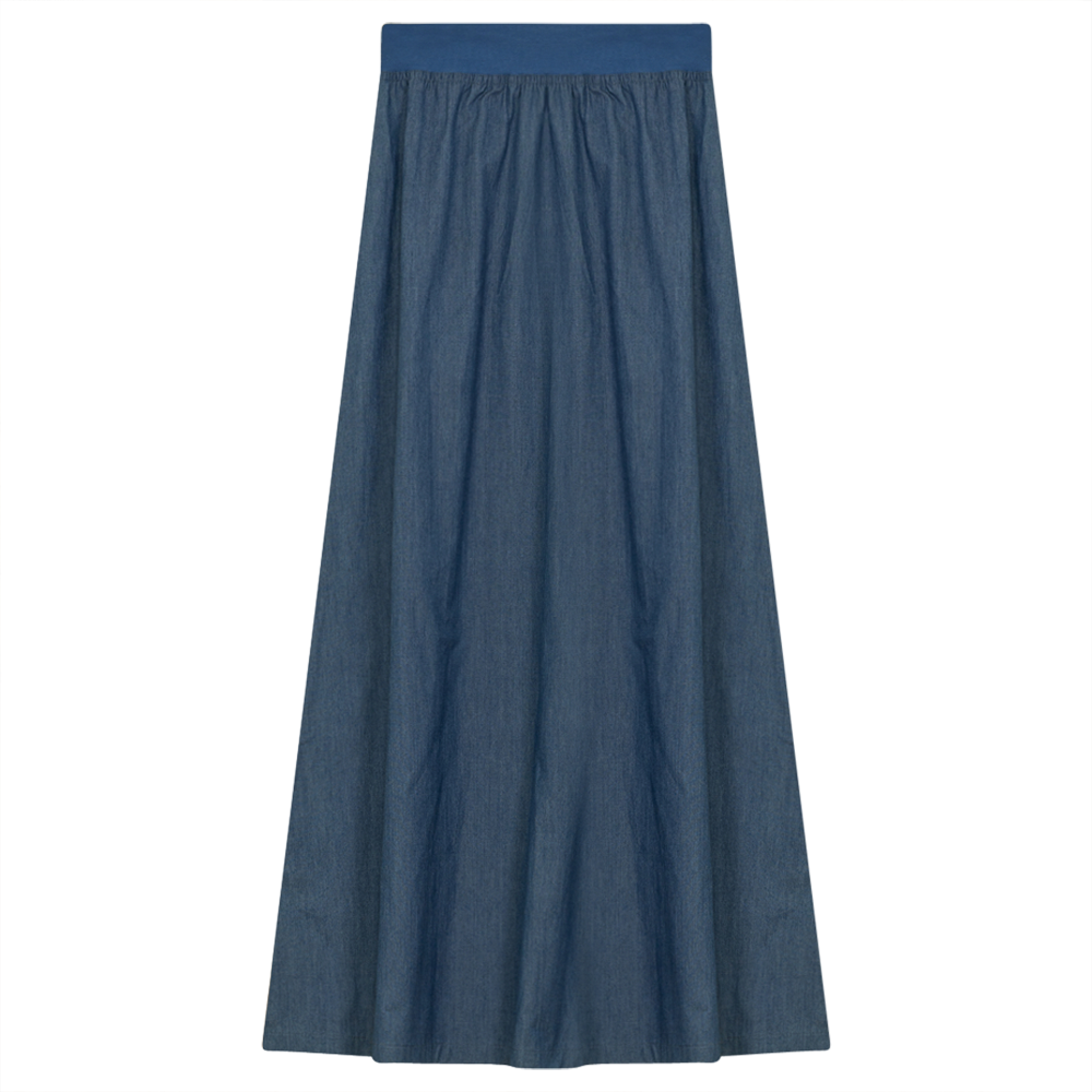 Long Cotton Skirt With Ribbed Elastic Waistband in Medium Blue - 8 by Red Myth