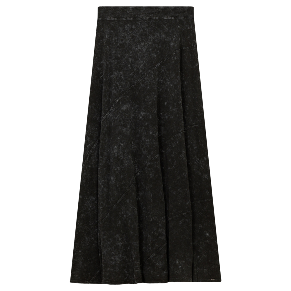Ladies Long Denim Wash Skirt With Diagonal Cuts in Black Wash by Red Myth