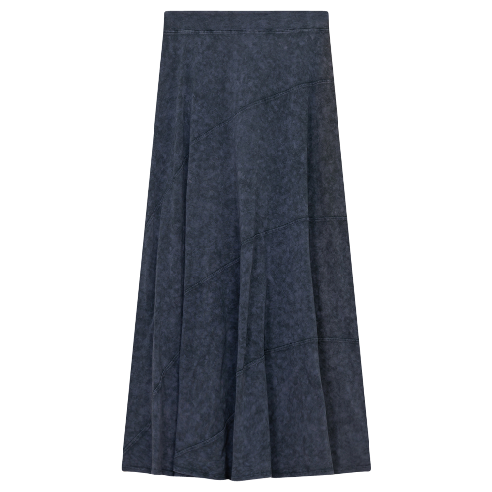 Ladies Long Denim Wash Skirt With Diagonal Cuts in Dark Denim Wash by Red Myth