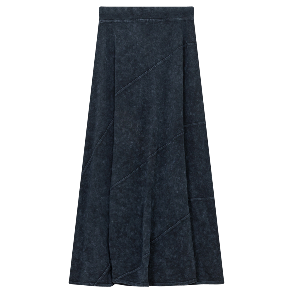 Ladies Long Denim Wash Skirt With Diagonal Cuts in Denim Wash by Red Myth