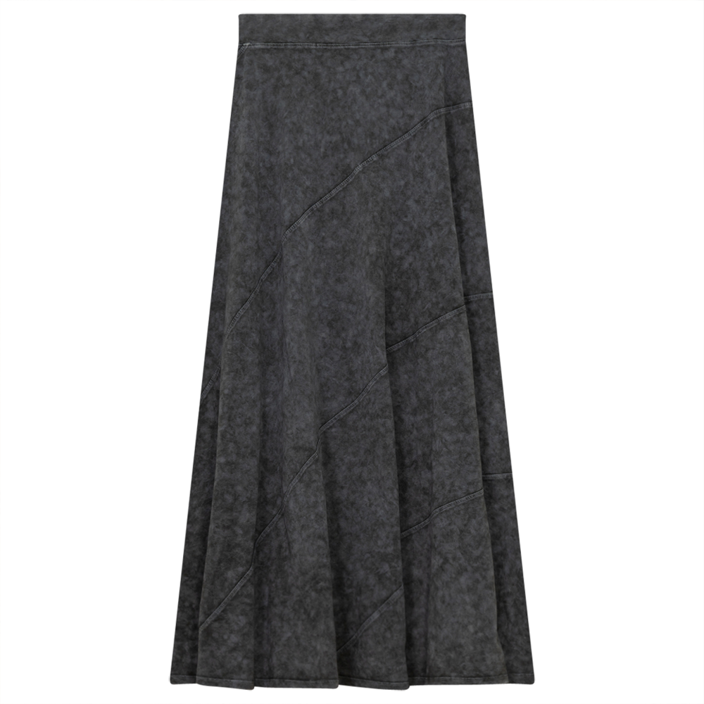Ladies Long Denim Wash Skirt With Diagonal Cuts in Grey Wash by Red Myth