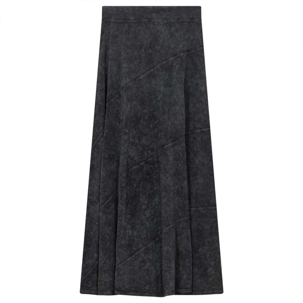 Ladies Long Denim Wash Skirt With Diagonal Cuts in Medium Grey Wash by Red Myth
